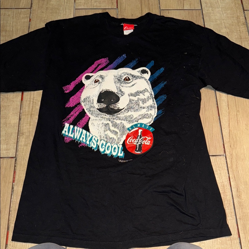 90s Coca Cola Black T-Shirt 3D Polar Bear Graphic and Neon Accents xl 1994